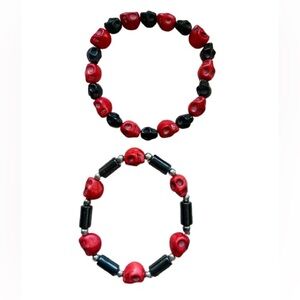 2 Men’s Red & Black Stone Skull & Silver Hematite Stretch Bracelets Hand Crafted